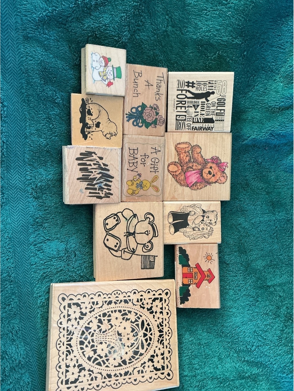 Vintage Wooden Rubber Stamps Set with Various Designs